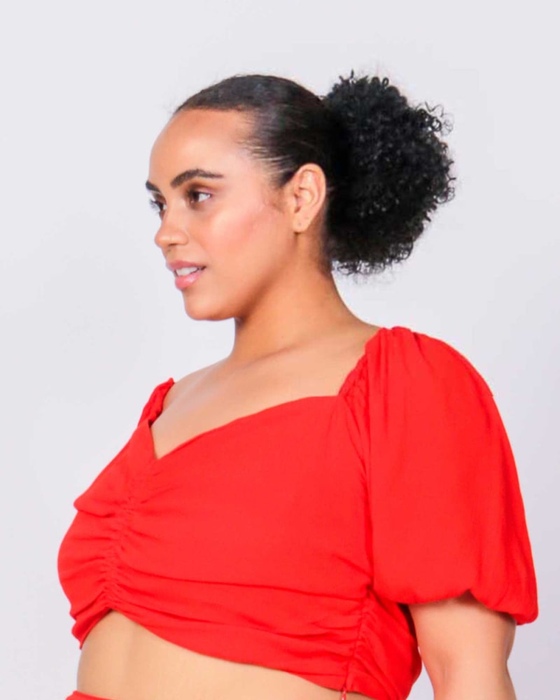 Front of a model wearing a size L (12/14) Rene Puff Sleeve Crop Top in Fiery Red by LuvMeMore. | dia_product_style_image_id:266765
